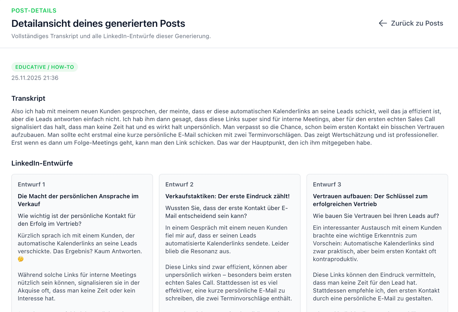 FlowNote Dashboard: Übersicht aller generierten Posts